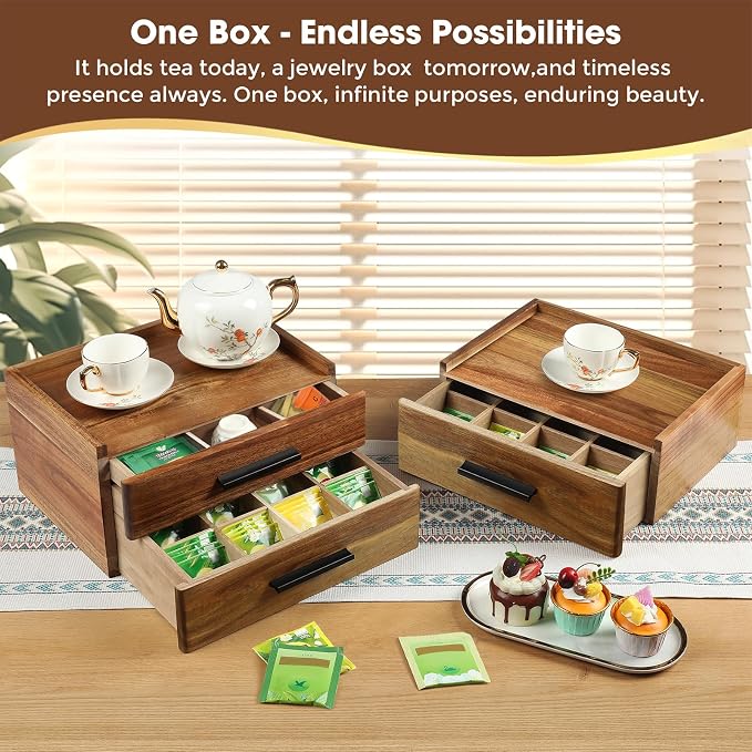 Acacia Wood Tea Bag Organizer with Gift Box, Double-Drawer Tea Box - Tea Accessories for Tea Organizer and Storage Box, Tea Station Chest Caddy for Countertop Cabinet Office(21-Compartment) - Image 6