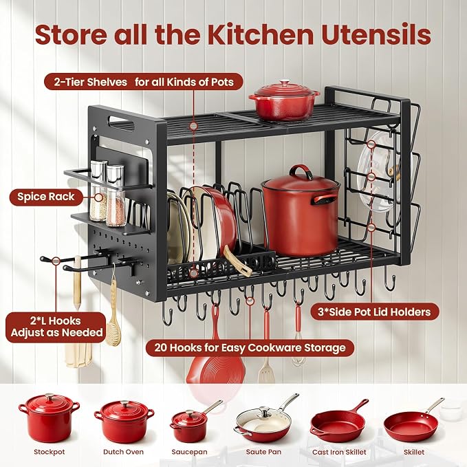 Pot Rack Wall Mount, Hanging Heavy Duty Metal Pan Organizer with 20 Hooks,Pot Shelf with 3 Pot Lid Holder with 8 Adjustable Dividers Loads 100lbs for Kitchen Cookware and Utensil storage - Image 3