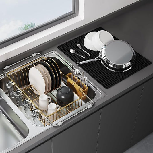 JASIWAY Gold Dish Drying Rack in Sink with Mat, Cups and Utensil Holder | Use Over the Sink or Counter, Stainless Steel Expandable Dish Drainer for Small Kitchen, Space Saving, Fast Drain, Rustproof by JASIWAY