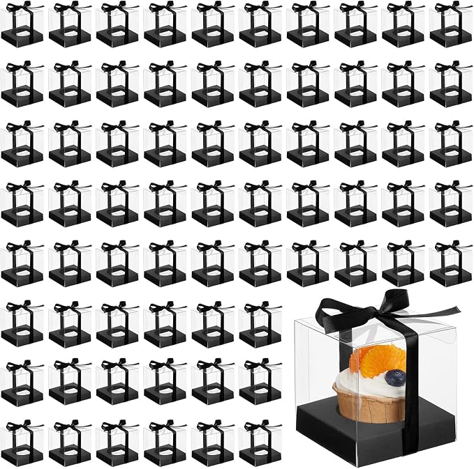 96 Pieces Individual Cupcake Boxes Single Cupcake Container Clear Cupcake Carrier Plastic Cupcake Storage Cupcake Holder with Ribbon and Insert for Wedding Birthday Party Favor, 3.5 x 3.5 x 3.5(Black) by Tuanse