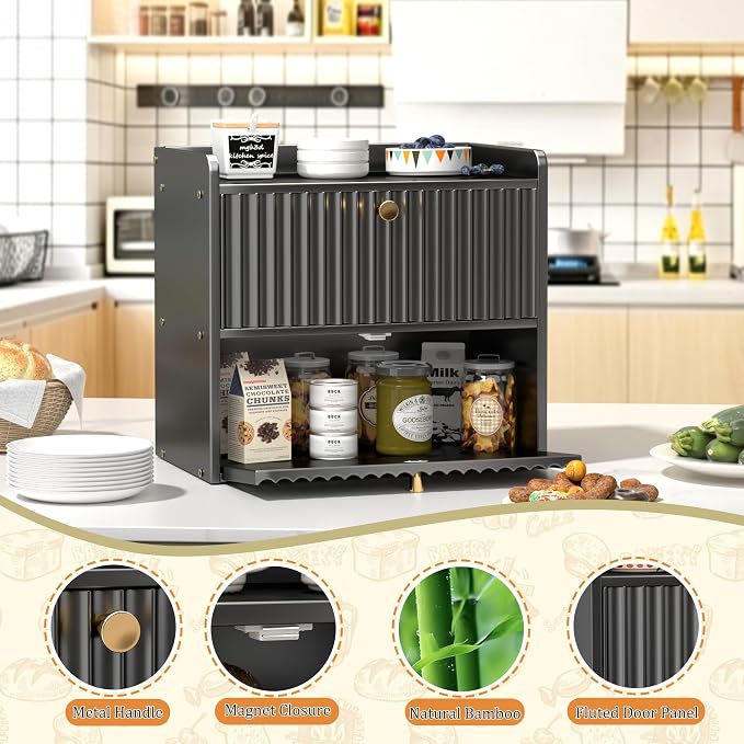 Bread Box for Kitchen Countertop, Large Bread Storage Container for Homemade Bread, Double Layer Farmhouse Breadbox Organizer, Vintage Bamboo Wooden Bread Holder Bin, Black - Image 6