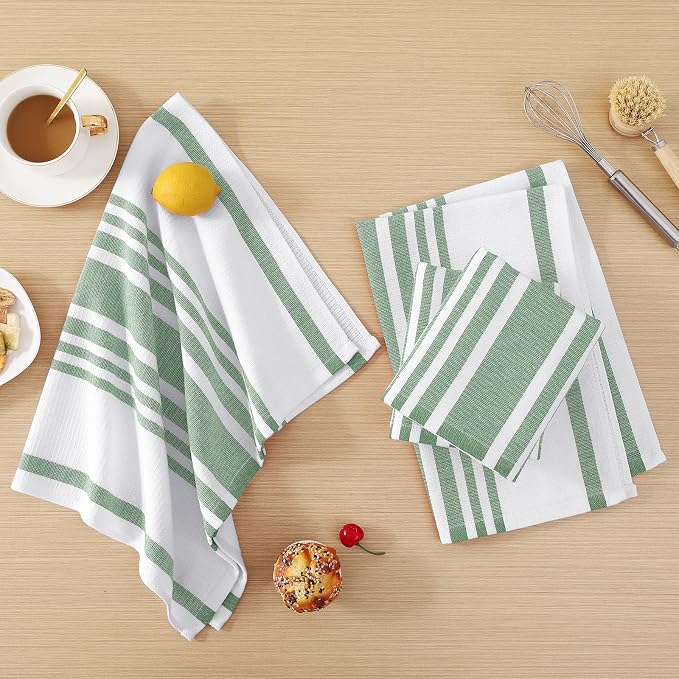 Homaxy Premium Cotton Stripe Kitchen Towels 8 Pack, 18"x 28", Grass Green | Large 380 GSM Kitchen Hand Towels, Soft Terry Dish Towels, Highly Absorbent Tea Towel Set with Hanging Loop - Image 6