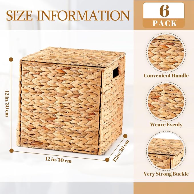 Jinei 6 Pcs Water Hyacinth Storage Baskets with Lid 12"x12"x12" Wood Color | Handwoven Wicker Bins with Handles, Wicker Cube Baskets Bulk for Shelves Organizer Laundry, Closet Bedroom - Image 2