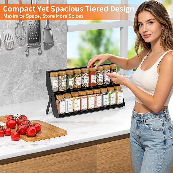 RCHYFEED 2 in 1 Spice Rack Organizer, Expand 12.8 to 21.8 Inch, Foldable | Metal Spicy Shelf，Tiered Spice Rack Suit for Countertop, Cabinet and Drawer, Fits Jars Up to 2.1 Inch, Jars Not Included - Image 6