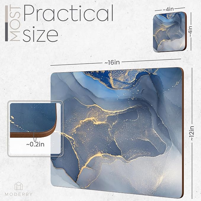 Set of 4 Heat Resistant Cork Placemats for Dining Table with Free Set of 4 Matching Drink Coasters Marble Design 16 x 12 Inches Cork Backed Hard Placemats (Blue & Gold) - Image 7