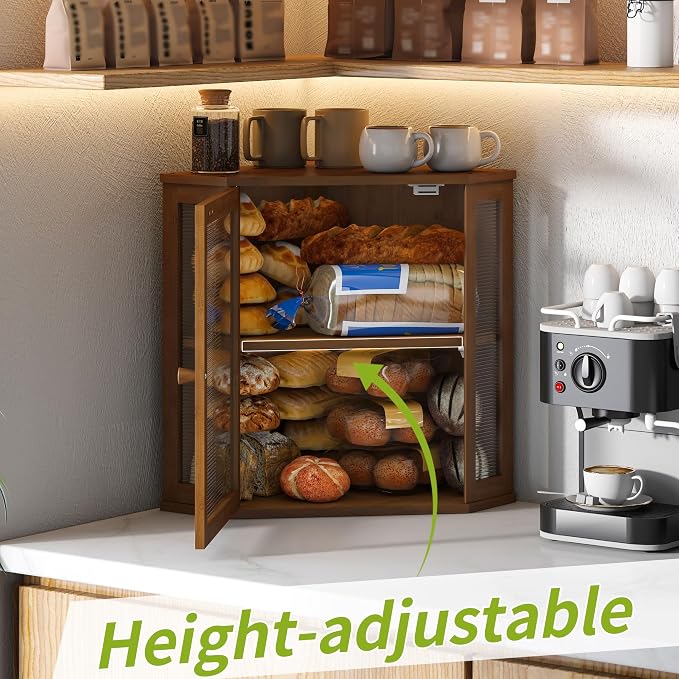BMOSU Corner Bread Box for Kitchen Countertop Double Layer Bamboo Wooden Bread box Large Capacity Bread Storage Bin(Brown, Extra Large) - Image 5