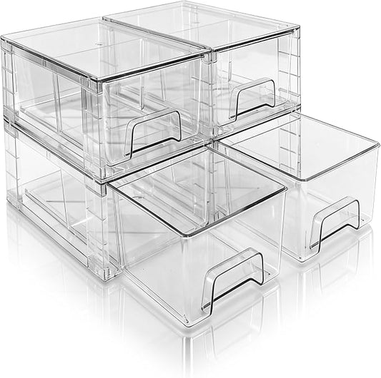 Small Stackable Clear Acrylic Storage Drawers(4 Pack) with Handles,Plastic Organizer Bins for Fridge Bathroom Kitchen Cabinet Pantry Coffee bar Undersink Office Closet Storage Bins by XWYWX