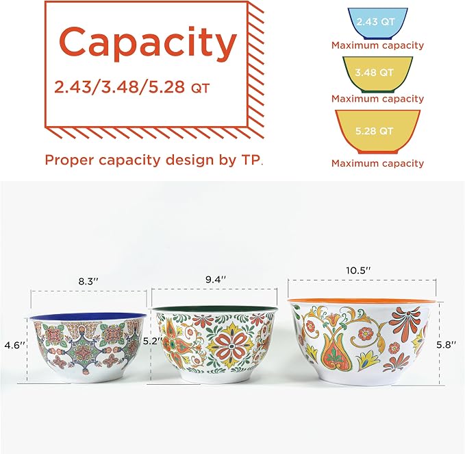 TP Melamine Mixing Bowl Set with Lids, Salad Bowl Set of 3, Aztec Bloom | Nesting Design,Break-resistant,Pasta & Salad Prep, Baking Prep, Space-saving Storage, Freezer Safe, Dishwasher Safe - Image 5