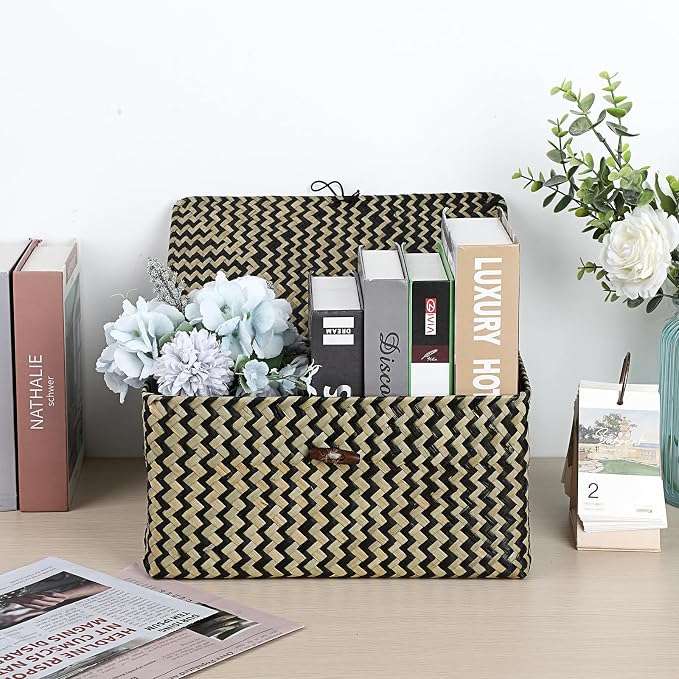 Hipiwe Wicker Shelf Baskets with Lid Seagrass Storage Baskets Handwoven Household Organizer Rectangular Woven Organizer Box for Storage Shelf Wardrobe,Medium - Image 2