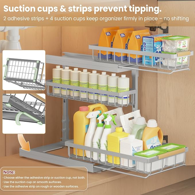Under Sink Organizer and Storage for Bathroom and Kitchen - 2 Pack 3 Tier Cabinet Pull Out Shelf Organizers - Slide Out Drawer Organization for Home Cabinets Shelves and Drawers - Image 6
