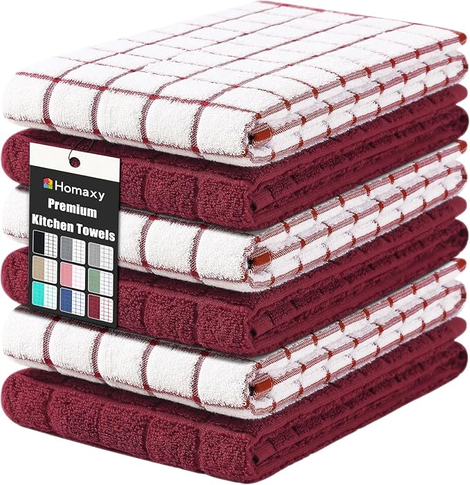 Homaxy Large Premium Cotton Kitchen Towels 16"x 28", 6 Pack, Red | Natural Ring Spun 390 GSM Dish Towels, Super Absorbent Terry Kitchen Hand Towels, Soft Tea Towels with Hanging Loop by Homaxy