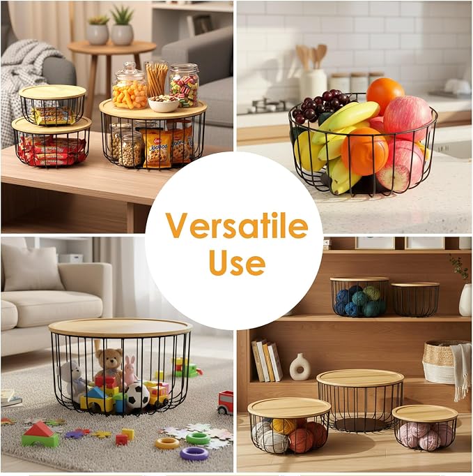 WELTOKE 3 Pack Fruit Basket For Kitchen Counter,Stackable Mesh Fruit Basket With Bamboo Lid,Large Fruit Bowl For Fruit And Vegetable Storage,Pantry Organizers - Image 7