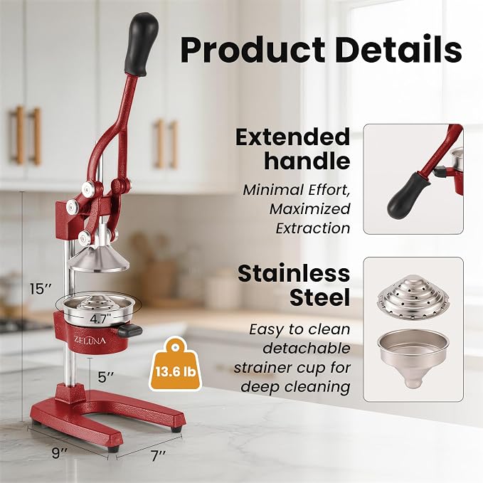 Cast Iron Manual Hand Press Juicer for Citrus & Pomegranate,Deep Red | Stainless Steel Heavy Duty Squeezer,Easy to Clean,Effortless Lever-Press Design,For Home Cooks,Health Enthusiasts,Bartenders - Image 2
