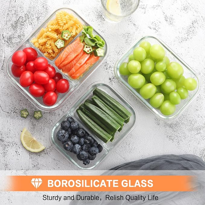 Bayco 9 Pack Glass Meal Prep Containers - 3, 2 & 1 Compartment Glass Food Storage Containers with Lids, Airtight & Leak Proof Lunch Bento Boxes - Grey - Image 6