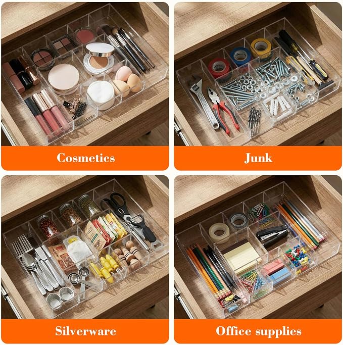 Large Acrylic Desk Deep Drawer Organizer with Adjustable Dividers, Anti-skip Clear Desk Top Junk Drawer Storage Tray for Pens, Desktop, Office, Bathroom, Kitchen, Makeup Supplies(10 Compartments) - Image 6