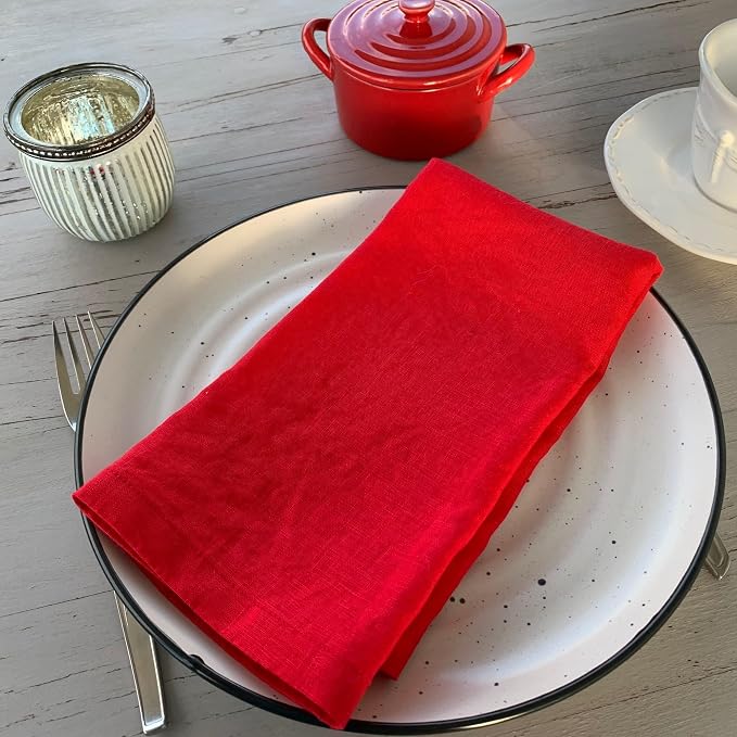 Linen Napkins –100% French Flax – Stonewashed Pure Linen Cloth Napkins - Size 18 Inch x 18 Inch – Set of 4 (Rich Red) - Image 2