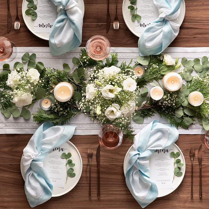 Linen Napkins 20 x 20 inch - 100% Flax Linen White and Light Blue Dinner Napkins Cloth Set of 4 - Classic Hemstitch Dinner Napkin for Spring and Easter Decor - Image 7