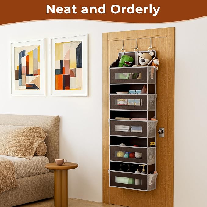 5 Tier Over The Door Organizer - Large Capacity Behind Door Hanging Shelves with 10 Mesh Pockets and Clear Windows, Closet Organizers and Storage for Bathroom, Bedroom, Nursery, Brown - Image 5