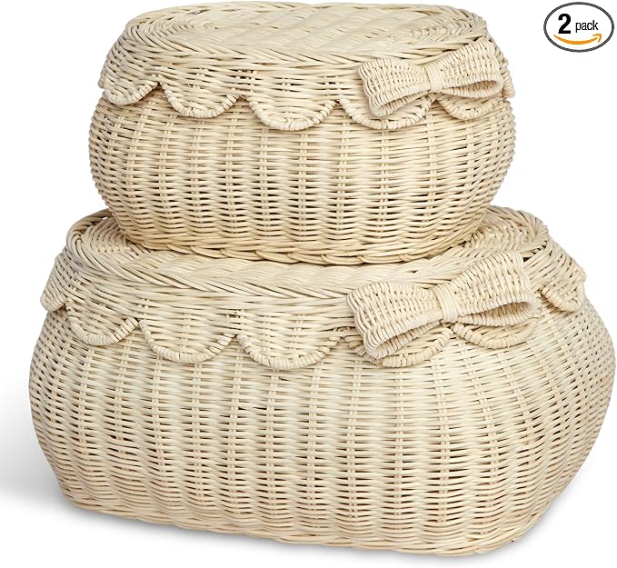 BEBE BASK Original Scalloped Bow Basket with Lid - Set of 2 (15x11x6 In) | Award Winner, Handwoven Rattan, Scalloped Wicker Basket, Woven Baskets for Storage, Nursery Storage, Scallop Basket (Bow) by BEBEBASK%C2%AE