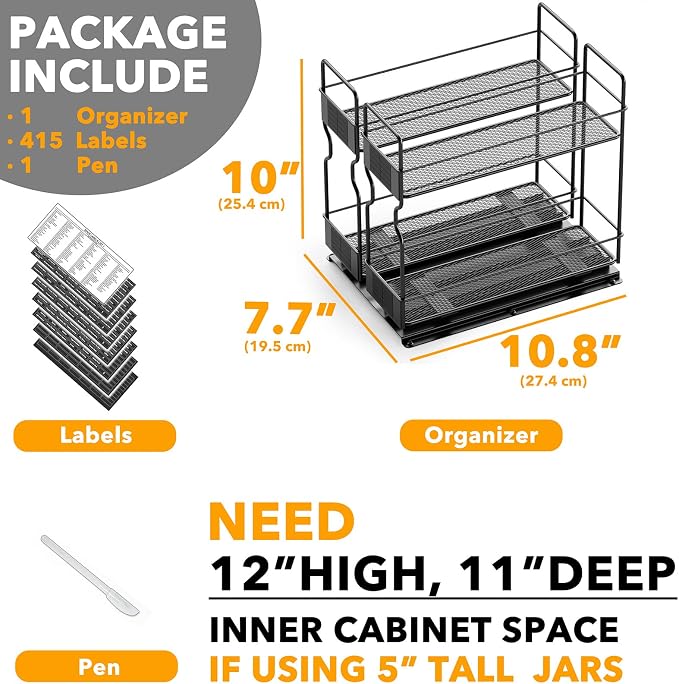 SpaceAid Pull Out Spice Rack Organizer for Cabinet, Heavy Duty Slide Out Seasoning Kitchen Organizer, Cabinet Organizer, with Labels, 7.7" W x10.75 D x10 H, 2 Drawers 2-Tier - Image 6