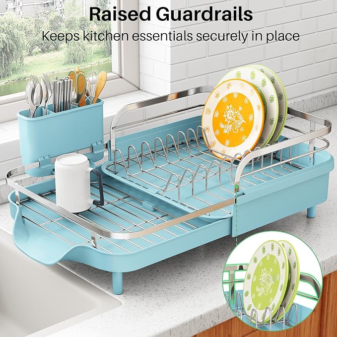SAYZH Expandable Dish Drying Rack for Small Kitchen Counter, Blue | Stainless Steel, Protective Guardrail, Angled Drainboard, Fits High-Rim Sinks, Removable Utensil Holder - Image 6