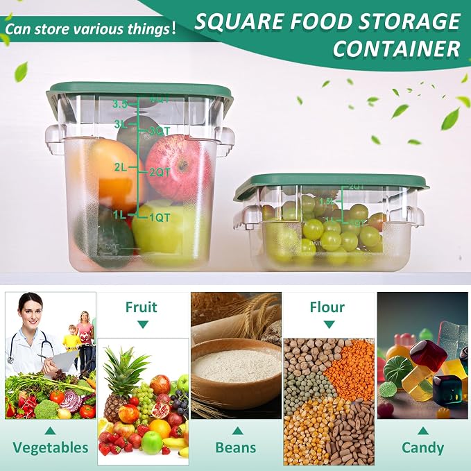 Yungyan 16 Pcs Restaurant Food Storage Containers with Lids Set 2Qt and 4Qt Commercial Restaurant Square Storage Containers Clear Food Cereal Container for Kitchen Freezer (Green Lids) - Image 6