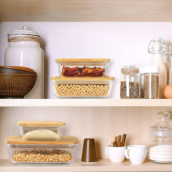 DE Glass Food Storage Containers with Bamboo Lids – 4 Pack (12oz/21oz/35oz/51oz) – BPA-Free Borosilicate Glass Meal Prep Boxes – Oven, Microwave, Freezer Safe – Stackable & Airtight - Image 8