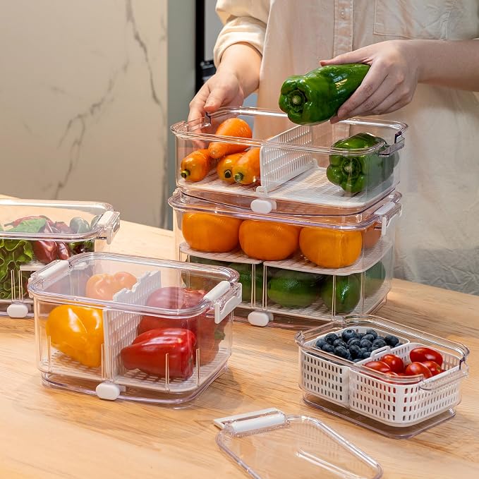 Felli Duo Fresh Produce Saver for Fridge, Fruit Vegetable Container with Vent & Drainage in Bottom for Wash, Colander Strainer Storage Bin for Refrigerator, Berry Lettuce Keeper - Image 7