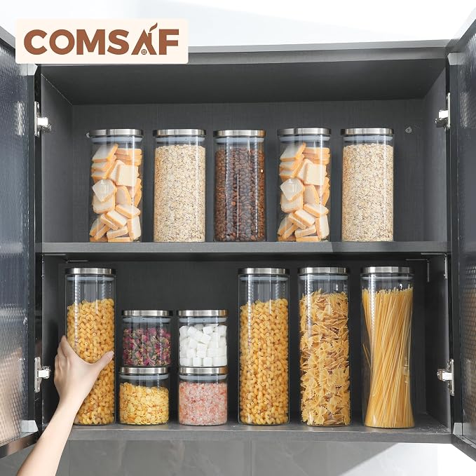 ComSaf Glass Food Storage Containers with Stainless Lids Set of 3, 70 OZ Clear Glass Jar with Airtight Lid, Tall Spaghetti Container, Glass Storage Jars for Pasta Rice Oats, Canister Set for Kitchen - Image 5