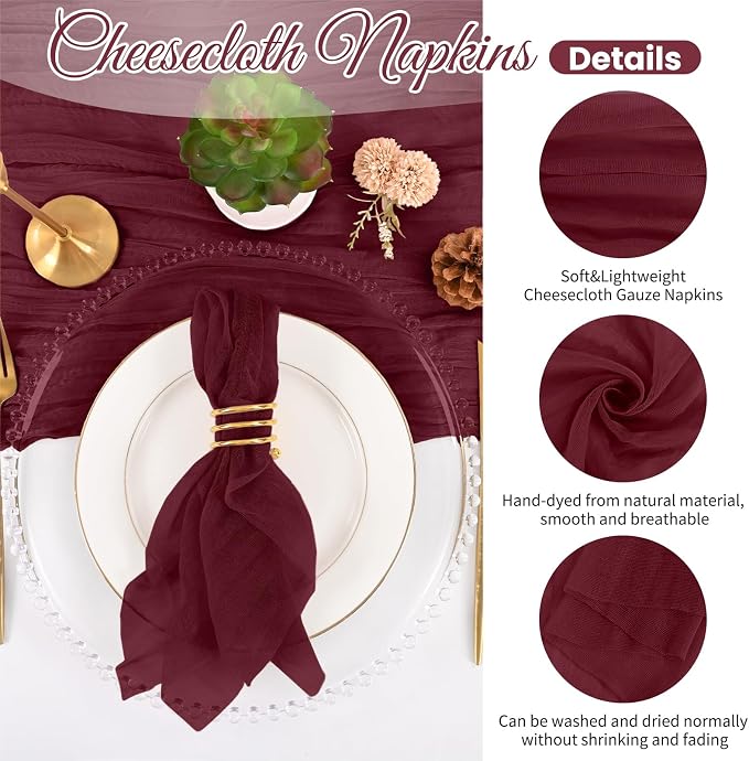 100 Pack Burgundy Cloth Napkins 20x20 Inch Cheesecloth Napkins | Elegant Cloth Napkins for Table, Washable Rustic Boho Gauze Napkins, for Wedding Party Bridal Baby Shower Christmas Decor - Image 5