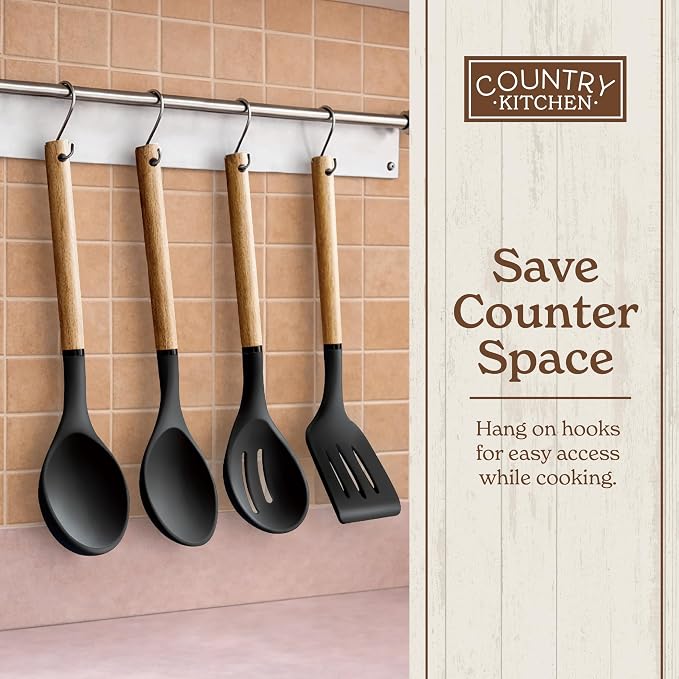 Country Kitchen Non Stick Silicone Utensil Set with Rounded Wood Handles for Cooking and Baking, 8 Piece Set, Black - Image 8