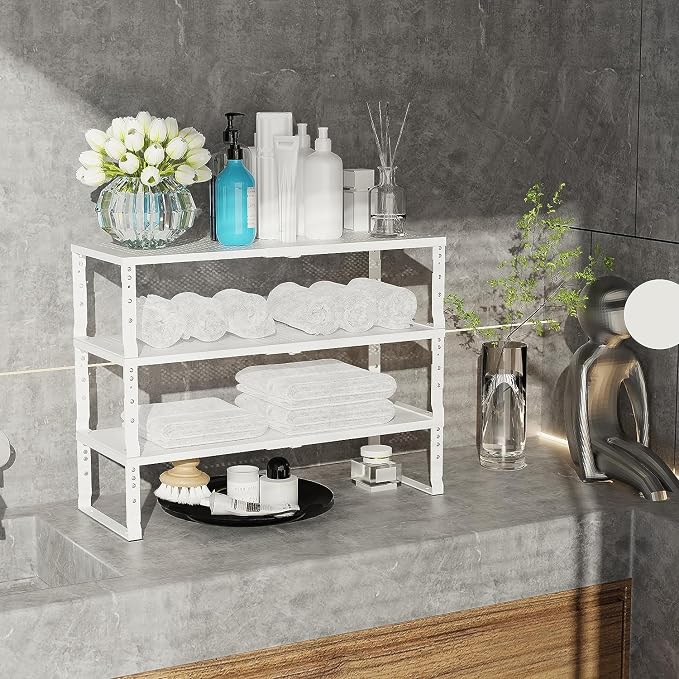 Jojocross Expandable Cabinet Shelf Organizer Storage Spice Rack Shelves for Kitchen Stackable Adjustable Pantry Cupboard Bathroom Countertop Desktop(2Packs/White/Large-with Hole) - Image 4