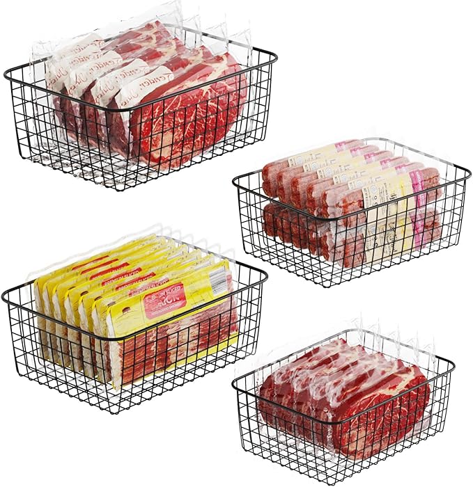 Freezer Organizer Bins - For 16/17/21 Cu Ft Upright Freezer, 4 Pack | Wire Baskets 2 Large & 2 Medium Sizes, Slide-Out for Easy Access, Prevent Food Falling Out, Keep Stand-Up Freezer Tidy, Black by iSPECLE