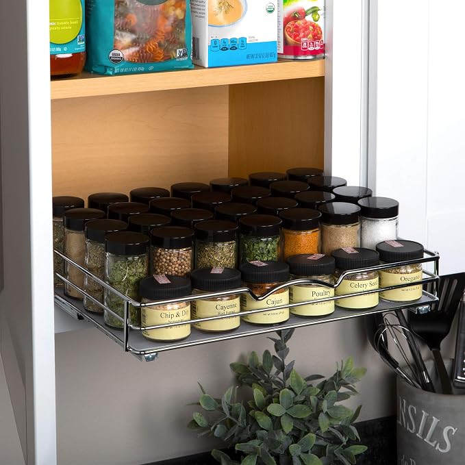 Pull-Out Cabinet Spice Rack Organizer, 14 ⅜"W x 10 ⅜"D x 2 ¾"H | Slim Slide-Out Storage for Spices, Bottles & Jars, Premium Heavy-Duty Steel, Easy Install for Narrow Kitchen Cabinets, Chrome - Image 3