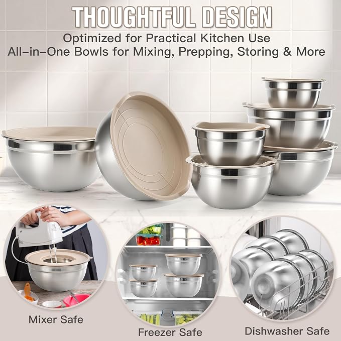 21PCS Mixing Bowls with Lids Set, 7 Mixing Bowls & 14 Measuring Spoons, Stainless Steel Nesting Bowls for Baking & Cooking Prepping Space Saving Storage, Kitchen Essentials, 0.6-5.5QT - Image 7