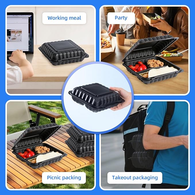 YANGRUI 65-Pack 30oz Black Takeout Containers - Shrink Wrapped No Pre-Wash | 3-Compartment Heavy Duty Mineral Filled PP, Microwave & Freezer Safe | Leak-Resistant Clamshell for Leftovers & Meal Prep - Image 6