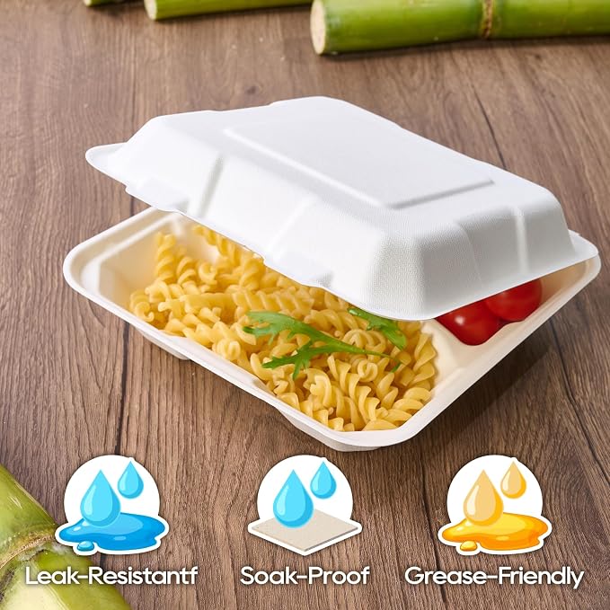 Turbo Bee 100 Pack 8x8inch White 3 Compartment Take Out Containers with Lids, Disposable Clamshell Meal Prep Containers, Divided Lunch Boxes for Catering, Restaurant & Meal Prep - Image 3