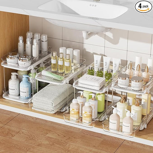 Delamu 4 Pack 2-Tier Bathroom Under Sink Organizers and Storage, Multi-Purpose Stackable Pantry Organization and Storage, Pull Out Clear Kitchen Bathroom Cabinet Organizer with Movable Dividers, White by DELAMU