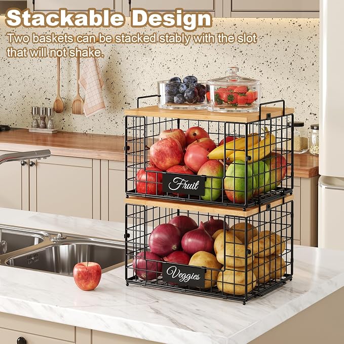 2 PACK XXL Potato and Onion Storage Bins, Pantry Organizers and Storage | Stackable Wire Baskets with Wooden Tops & Tags, Kitchen Counter Organizers Bins for Potato, Onion, Fruit, Vegetable, Garlic - Image 6