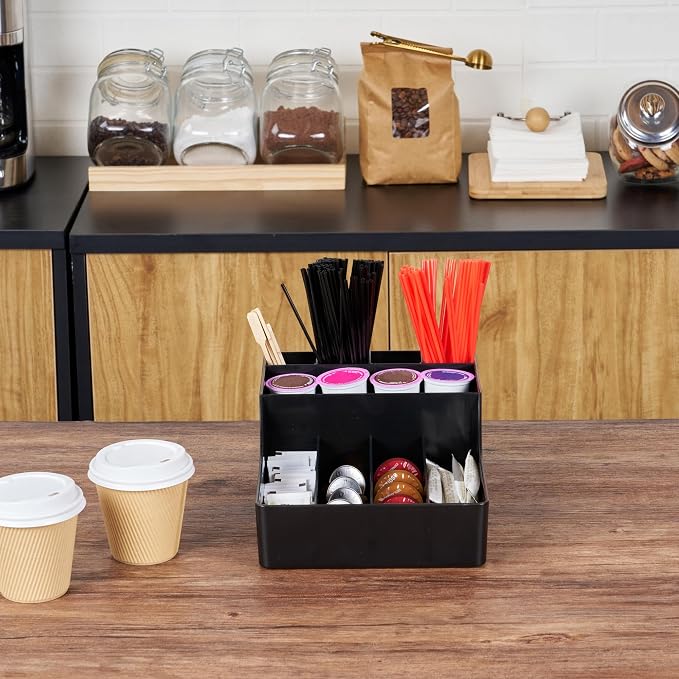 Restaurantware Restpresso Coffee Bar Organizer, 1 Count Durable 9 Compartments, Compact Size, Black Plastic Tabletop Coffee Supplies Organizer For Homes, Office Spaces, Breakrooms, and Lounges - Image 6