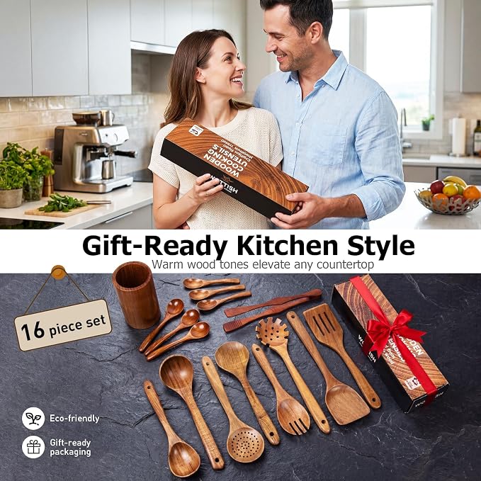 Wooden Spoons for Cooking, 16-Piece Wood Kitchen Utensil Set with Holder, Nonstick Safe Wooden Spatulas and Spoons, Smooth Cooking Utensils for Everyday Meals (A16) - Image 9