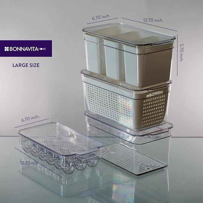 Clear Stackable Storage Containers with Lids BPA-Free Organizer Bins for Refrigerator Pantry Fridge Drawer with Colander and Dividers for Kitchen Food Preservation and Home Organization BPA Free - Image 9