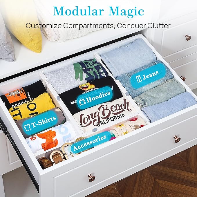 Vtopmart Drawer Dividers for Clothes 8 Pack, Adjustable 4" High Expandable from 11.3"-17" Dresser Drawer Organizer, Plastic Drawers Separators for Dresser, Baby Clothes, Kitchen and Office Storage - Image 3