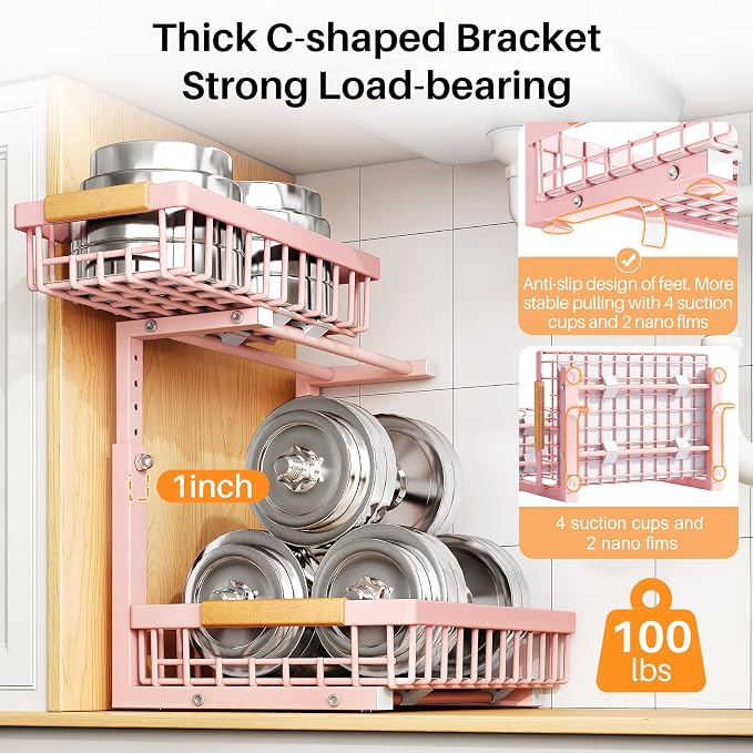 PXRACK Under Sink Organizer, Adjustable Height, 2 Tier Pull Out Under Cabinet Organizer, Slide Out Thickened Metal Under Sink Storage for Kitchen Bathroom Laundry Pantry Cabinet, Pink, Large-2-Pack - Image 6