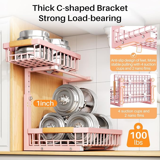 PXRACK Under Sink Organizer, Adjustable Height, 2 Tier Pull Out Under Cabinet Organizer, Slide Out Thickened Metal Under Sink Storage for Kitchen Bathroom Laundry Pantry Cabinet, Pink, Large-1-Pack - Image 6