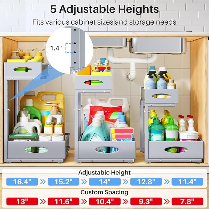 Under Sink Organizer, 2 Pack 2 Tier Pull Out Under Cabinet Organizer Shelf with Pad for Framed Cabinets, Metal Slide Out Under Sink Storage, Mesh Sliding Drawers for Kitchen Bathroom Laundry, Grey - Image 6
