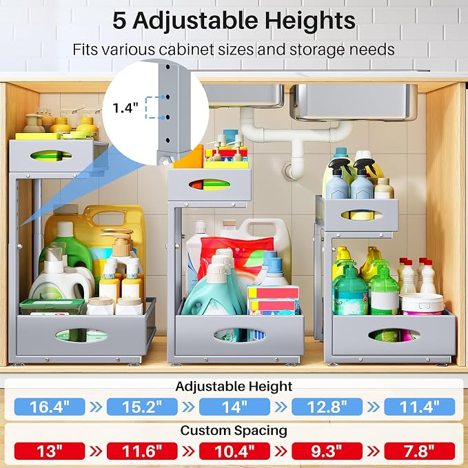 Under Sink Organizer, 2 Pack 2 Tier Pull Out Under Cabinet Organizer Shelf with Pad for Framed Cabinets, Metal Slide Out Under Sink Storage, Mesh Sliding Drawers for Kitchen Bathroom Laundry, Grey - Image 6