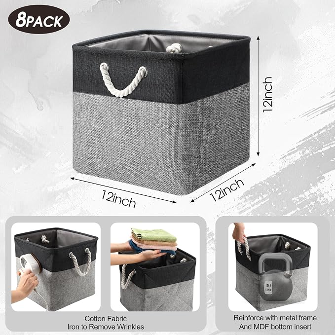 meekoo 8 Pack Collapsible Storage Bins Fabric Storage Bins Polyester Fabric Baskets with Handles Linen Closet Organizer for Shelf Home Closet Towels Toys(12 x 12 x 12in,Black Gray) - Image 2