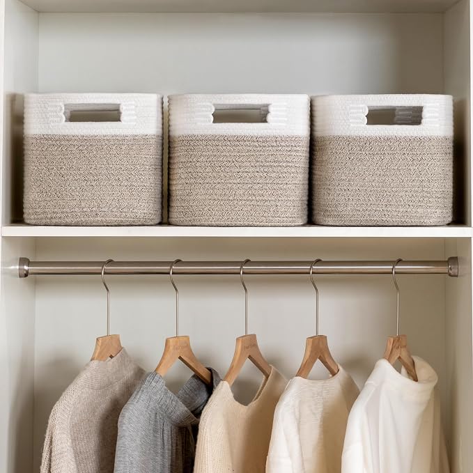 4 Pack Storage Baskets for Organizing, Shelf Baskets with Handles, White&Light Brown - Image 3