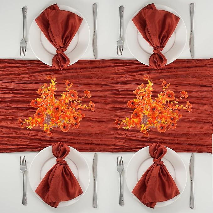 60PCS Terracotta Cheesecloth Napkins and 6PCS Table Runners Set, 19.69x19.69inch Rustic Wedding Napkins and 35x118inch Gauze Table Runner for Wedding Party Boho Table Decor - Image 6